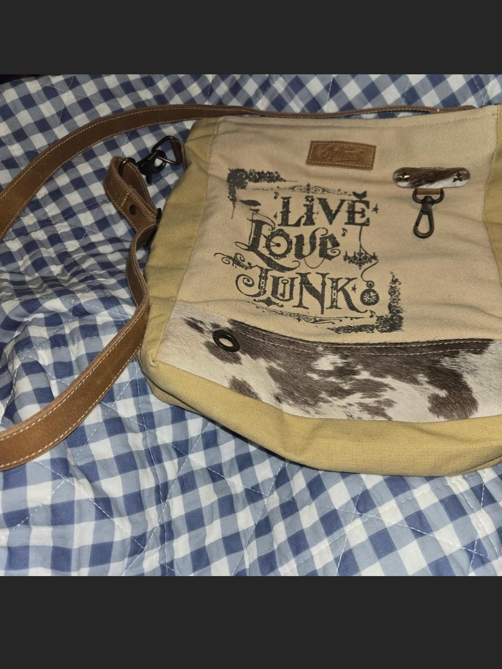Sixtease Live Love Junk Canvas Crossbody Bag in Beige and Brown
